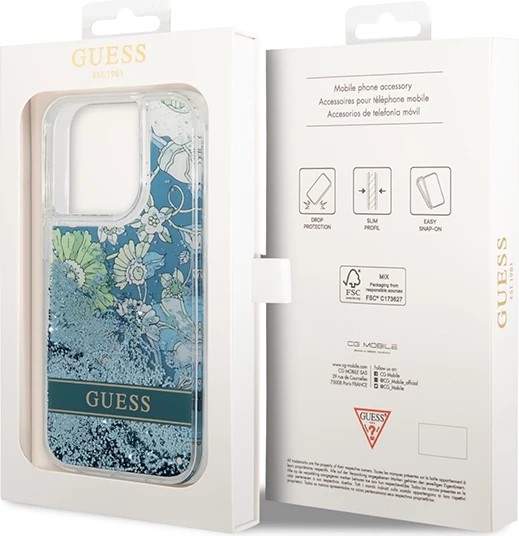 Mbështjellës Guess Flower Liquid Glitter për iPhone 14 Pro 6.1", Gjelbër