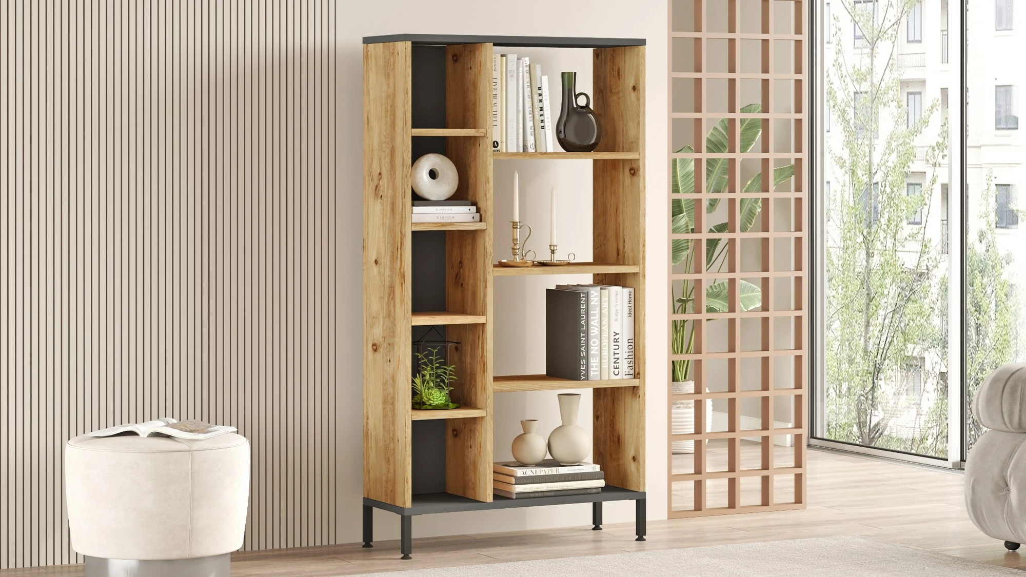 Raft librash Hanah Home, ngjyrë pishë Atlantike dhe antracit, Rl3-Aa