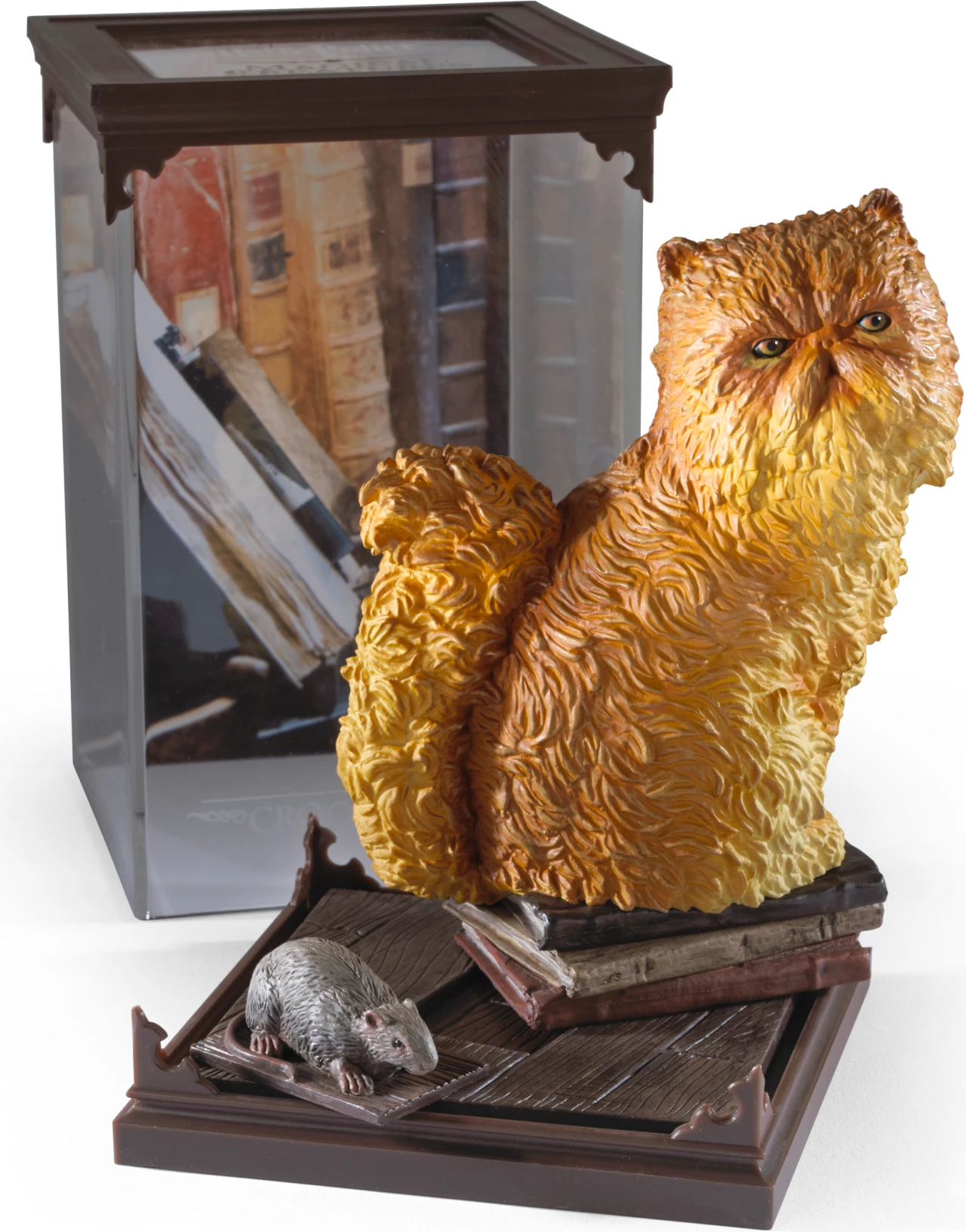 Figurinë/dioramë koleksionuese Noble Collection Harry Potter Magical Creatures Crookshanks, e pikturuar me dorë, me figurë të heqshme Scabbers, portokalli