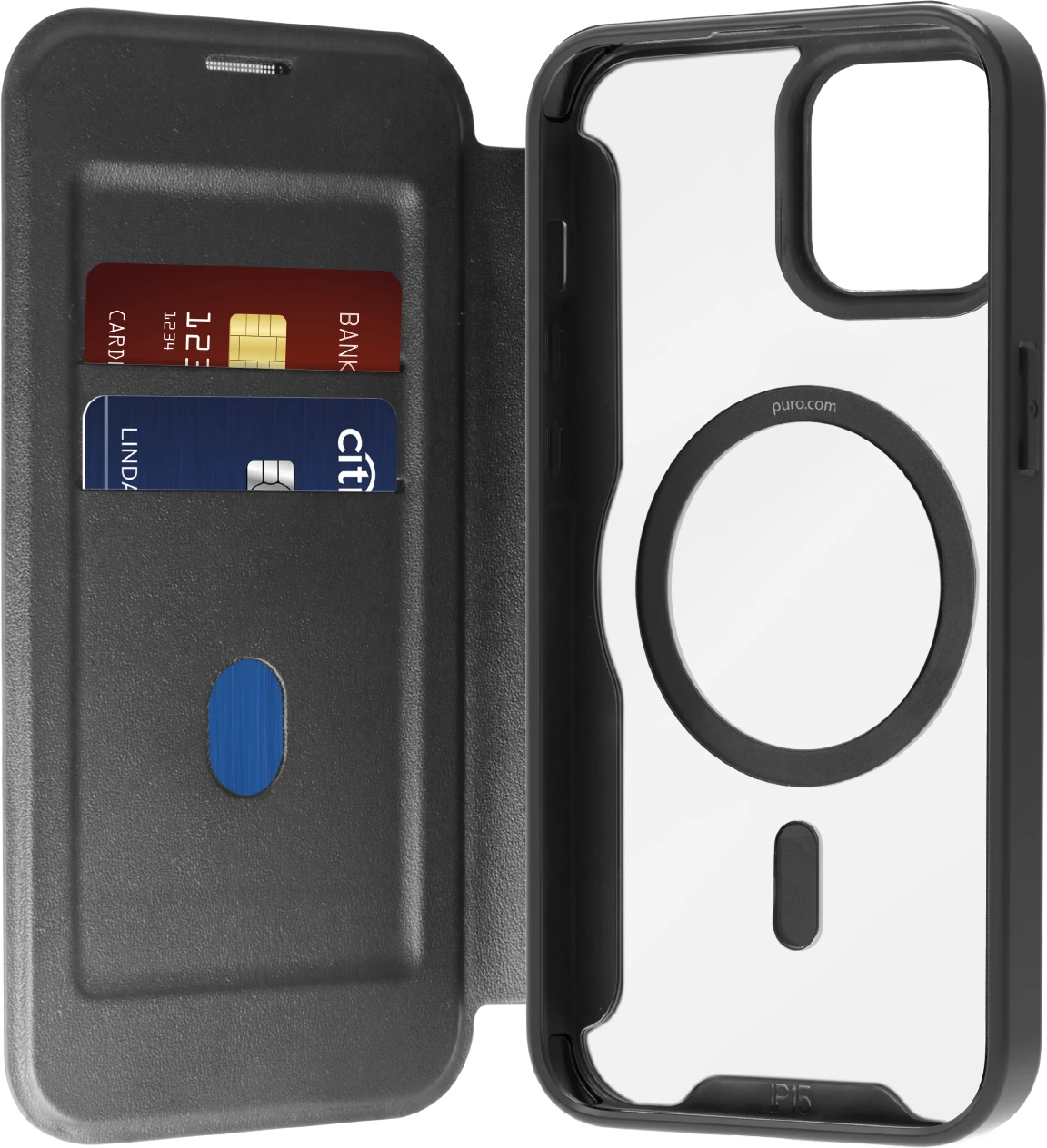 Mbështjellës Puro Book Mag MagSafe për iPhone 16, lëkurë, me kapak dhe hapësirë për kartela, zi