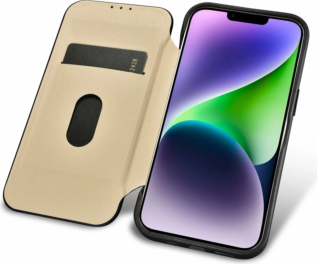 Mbështjellës iCarer CE Premium lëkurë për iPhone 14 Plus, MagSafe, i zi