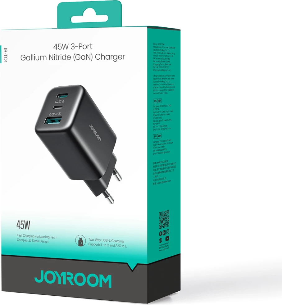 Karikues muri Joyroom JR-TO1 GaN 45W 3 porta (USB-C/Lightning/USB-A) prizë EU, i zi