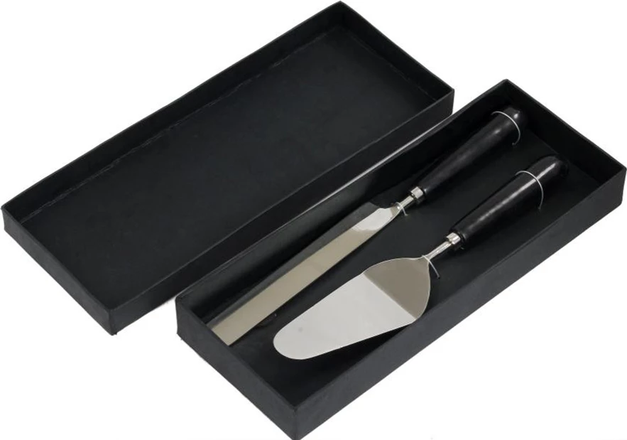 Set për servirje ëmbëlsirash, 2 copë, çelik, dorezë mermeri e zezë, 33x6x3 cm