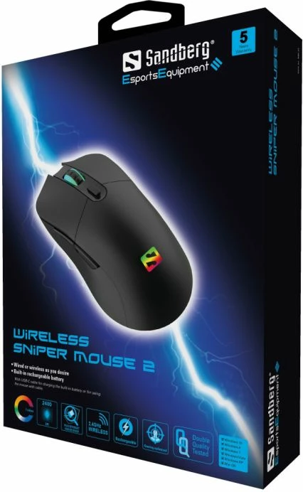 Maus pa tela Sandberg Wireless Sniper Mouse 2 640-21, 2400 DPI, RGB, 6 butona, e zezë, set me USB receiver + kabllo USB-C 1.5 m
