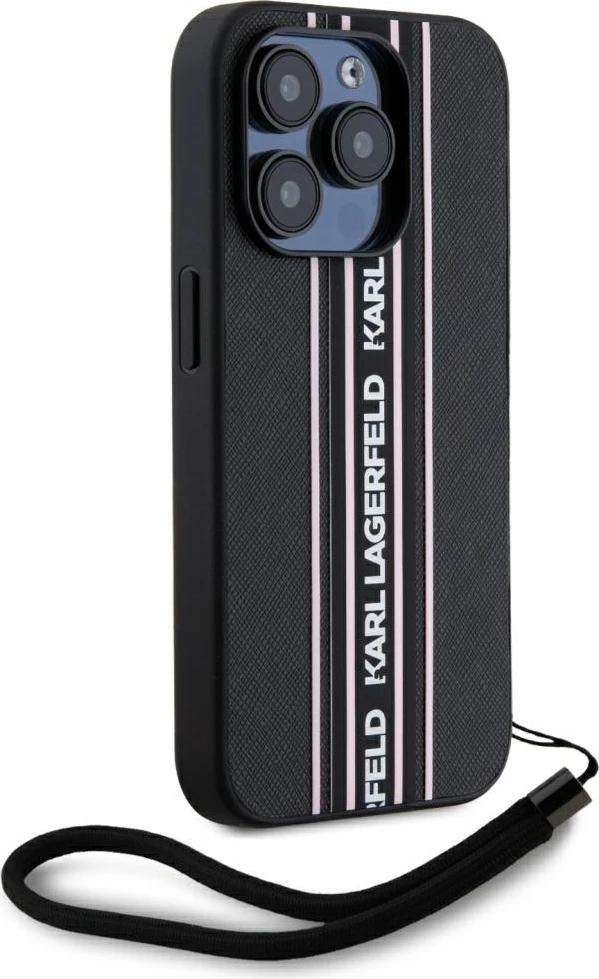 Mbështjellës Karl Lagerfeld Saffiano Athleisure Stripes Cord për iPhone 15 Pro Max, Rozë