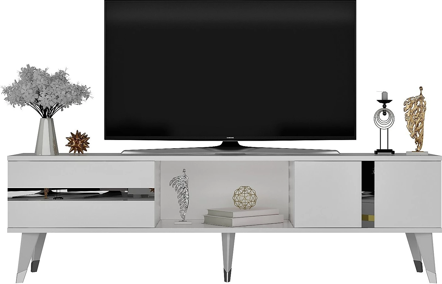 Komodë TV Skye Decor, Vania, e bardhë, argjend