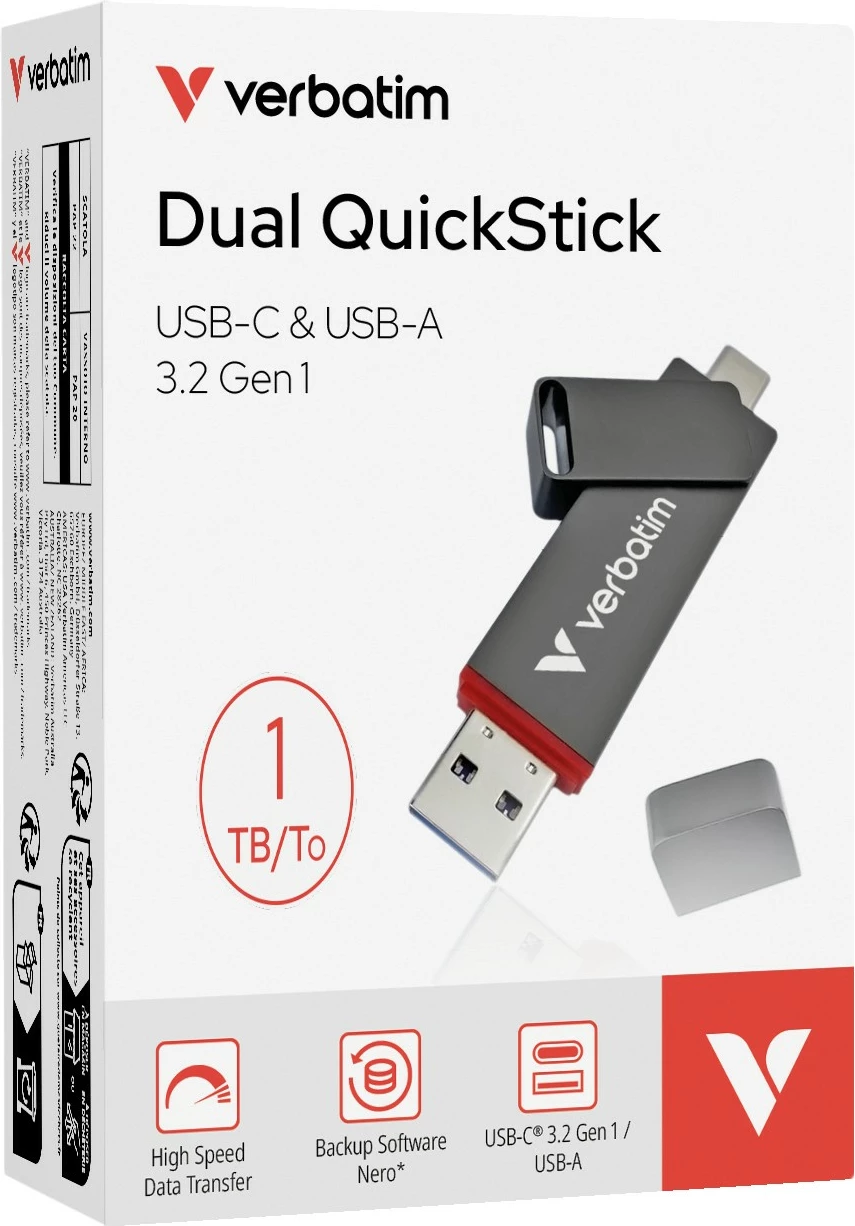 USB Verbatim Dual QuickStick, 1 TB, USB Type-A / USB Type-C, Gri