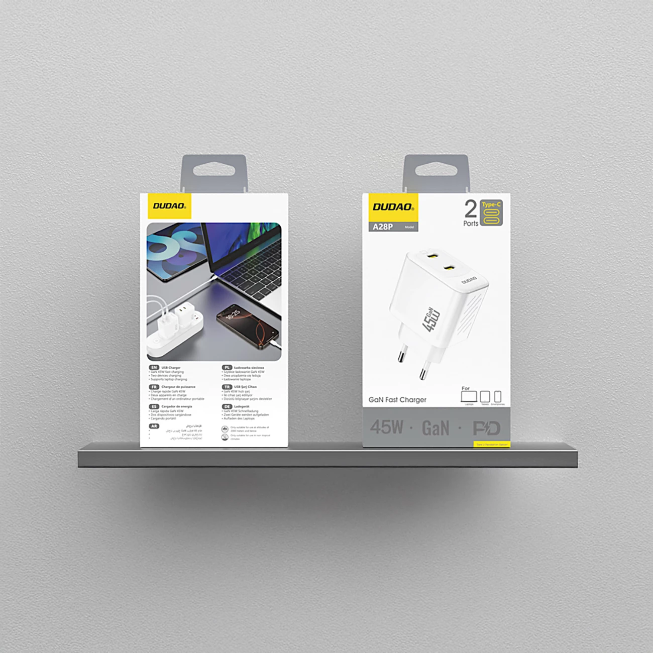 Karikues muri GaN, Dudao A28PEU, 45W PD, 2x USB-C, prizë EU, i bardhë