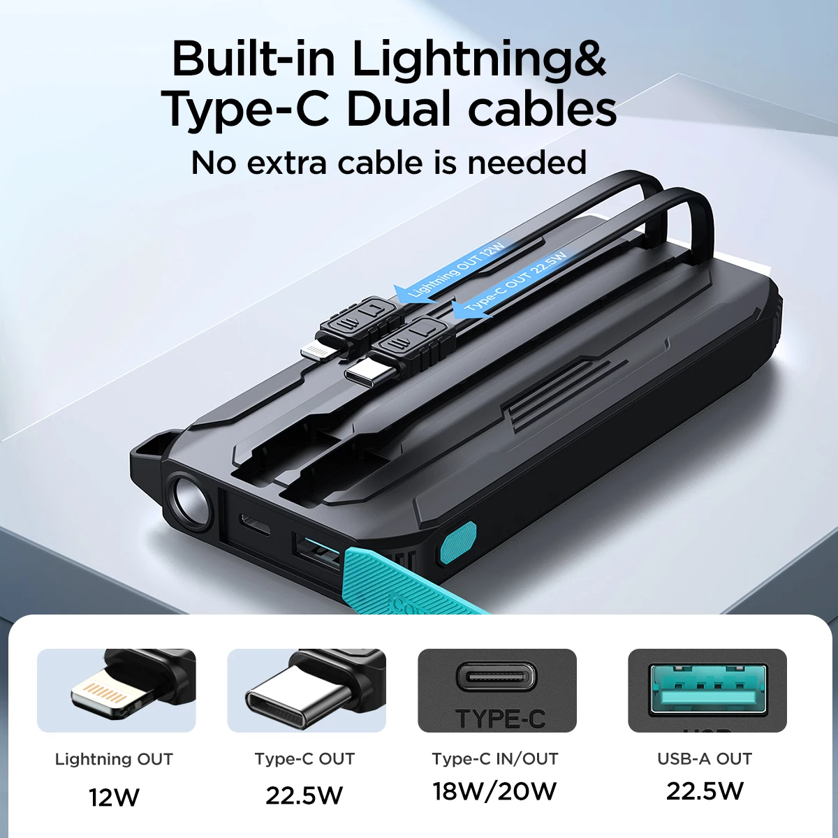 Powerbank Joyroom JR-L017, 10000mAh, 22.5W, me kabllo USB-C/Lightning të integruara, e zezë