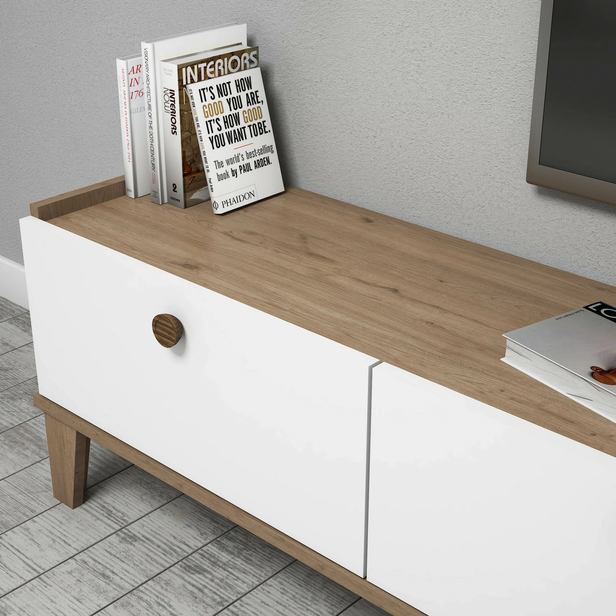 Komodë për TV Hanah Home, Sumer E3620, ngjyrë lis dhe e bardhë