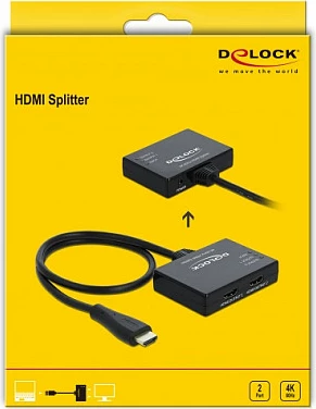 Splitter HDMI DeLOCK 87747, 1 në 2, 4K@60Hz, kabllo 0.6m, i zi