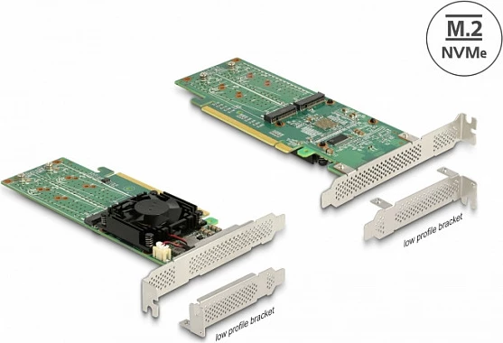Kartë adapter PCIe x16 DeLOCK për 4x M.2 NVMe Key M, low profile, me ventilator, e gjelbër