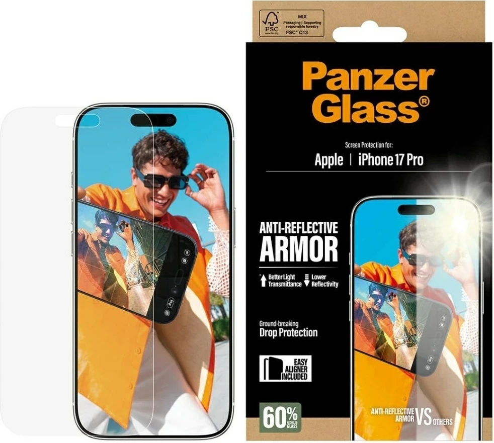 Mbështjellës xhami PanzerGlass Armor Anti-Reflective EasyAligner për iPhone 17 Pro, transparent