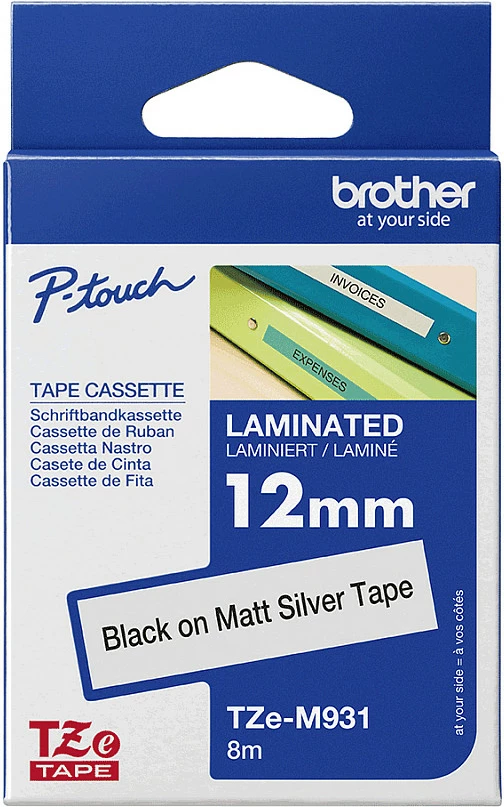 Shirit etikete Brother TZe-M931, 12 mm x 8 m, i zi në argjend