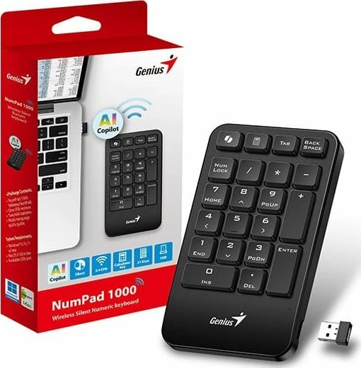 Tastierë numerike wireless Genius NumPad 1000, 2.4GHz, 21 taste, tast Microsoft Copilot, layout US INTL, e zezë, me adapter USB dhe 2x AAA