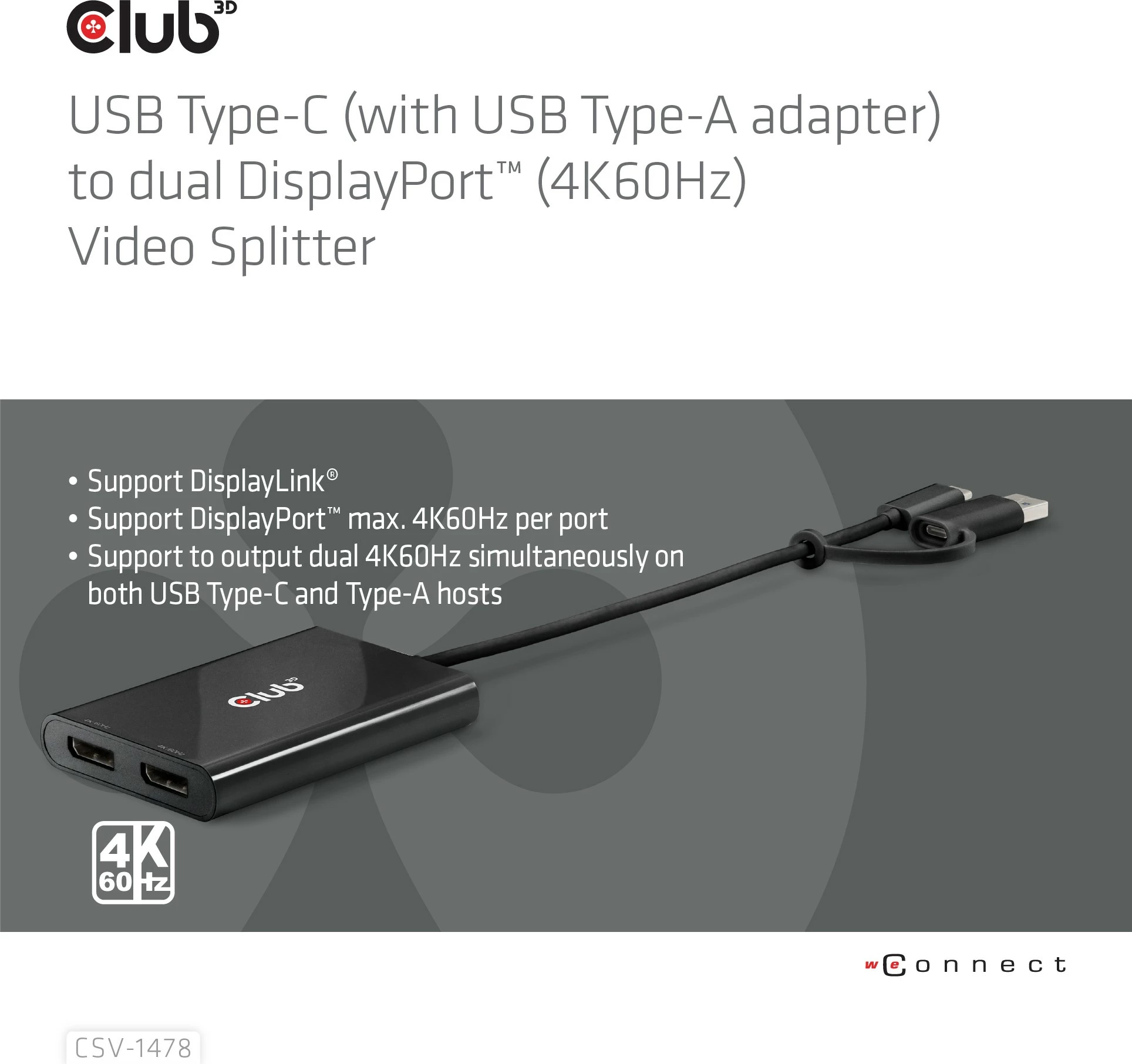 Adapter Club3D USB-C/USB-A në 2x DisplayPort 4K, i zi