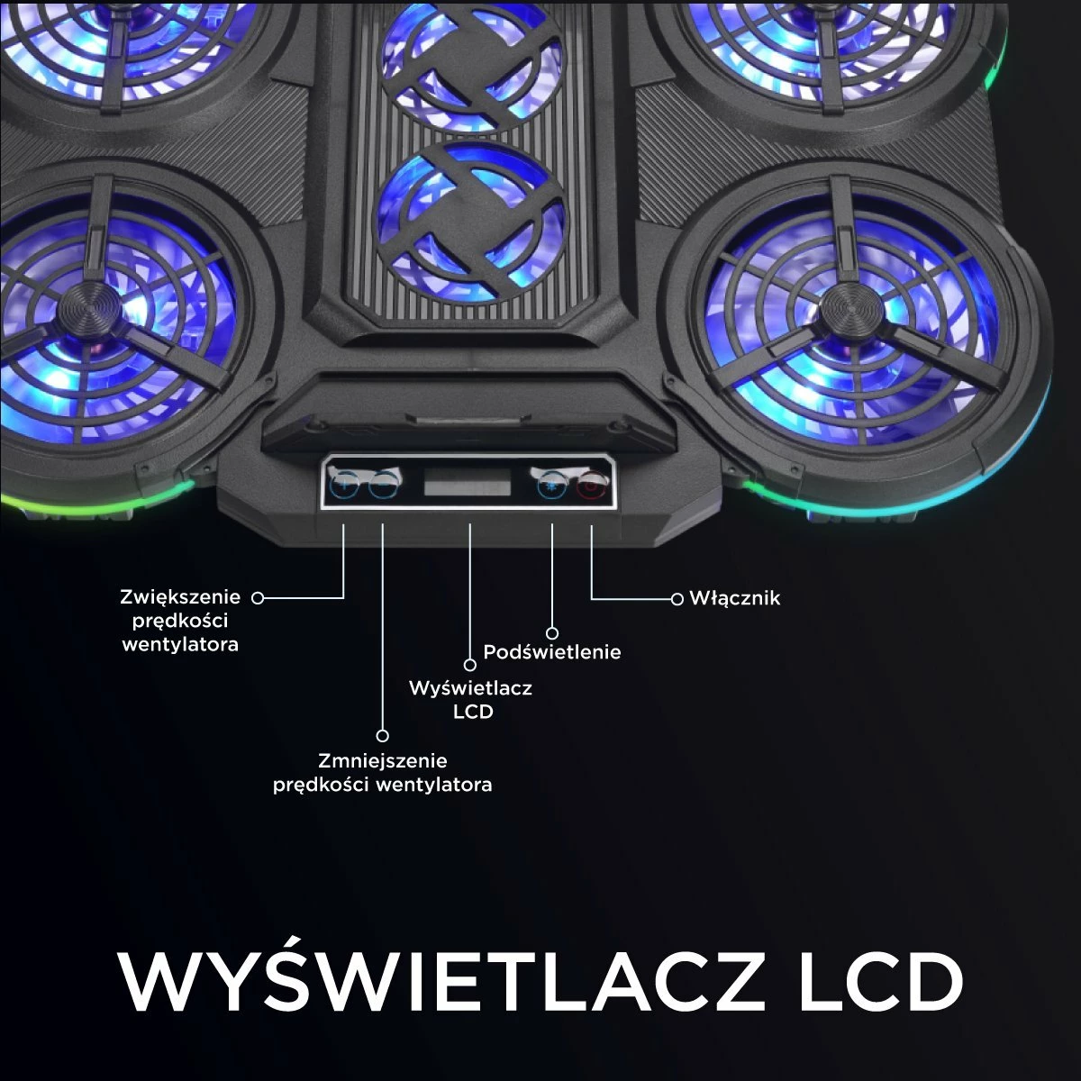 Bazë ftohëse për laptop Rampage Prote R6 10-17\", RGB, rregullueshme, 2x USB, e zezë