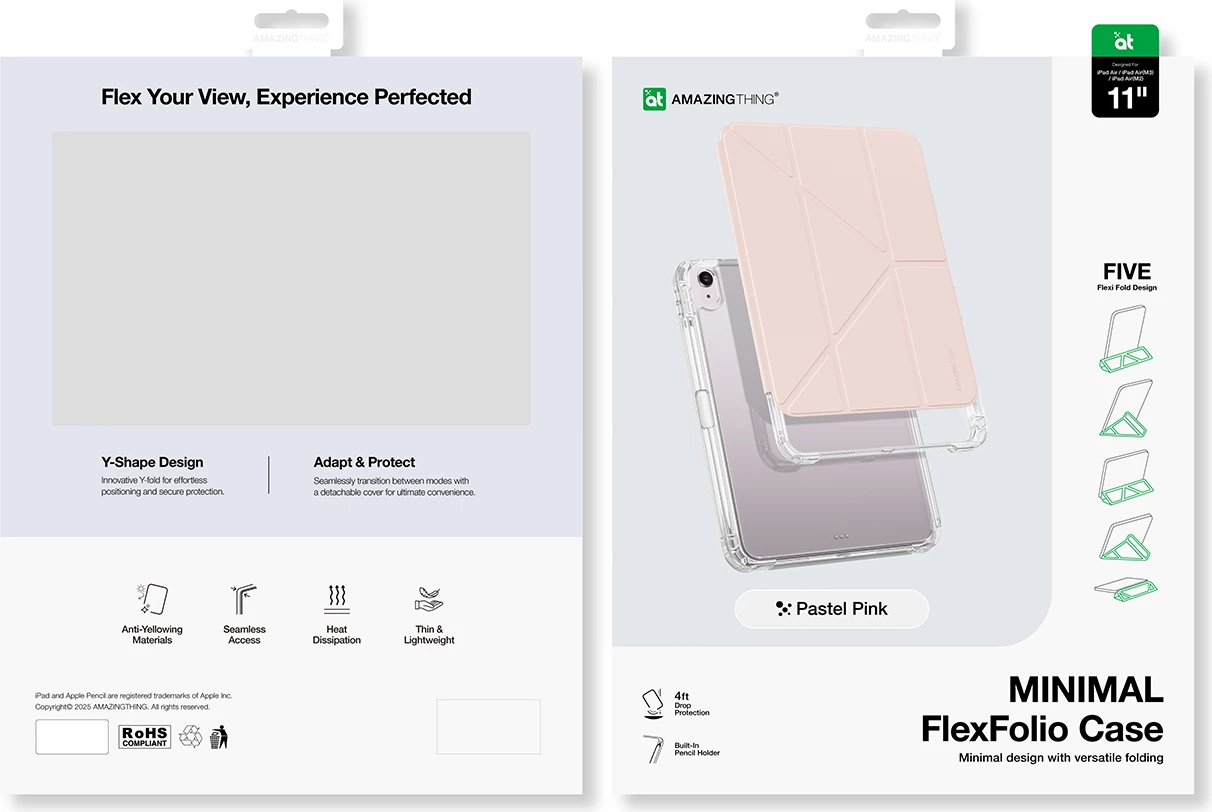 Mbështjellës tabletë, AmazingThing Minimal Case, për iPad Air 11" (2025) M3, folio me qëndrim, panel i pasëm transparent, mbajtës Apple Pencil, rozë