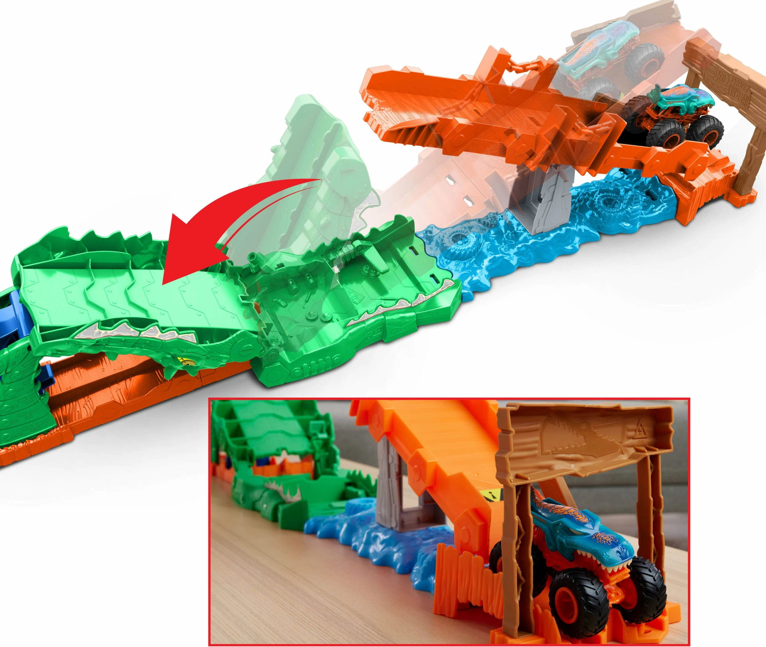 Set pistë makinash Hot Wheels Monster Trucks Rally Challenge JJN45, 1:64, me launcher, 1 makinë Mega-Wrex