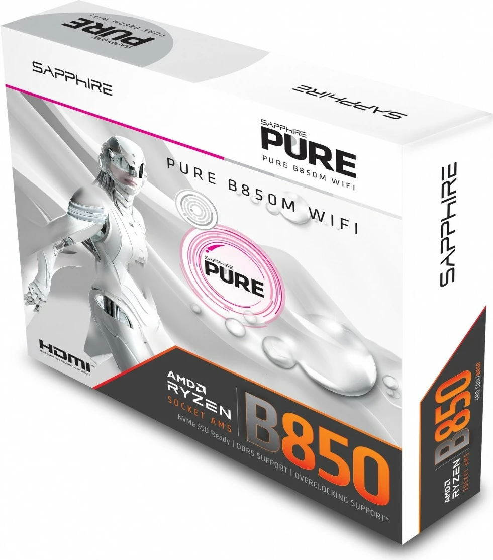 Pllakë amë, Sapphire PURE B850M WIFI, AM5, mATX, 4x DDR5 256GB 8000MHz OC, PCIe 5.0 x16 & M.2, Wi‑Fi 6, 2.5GbE