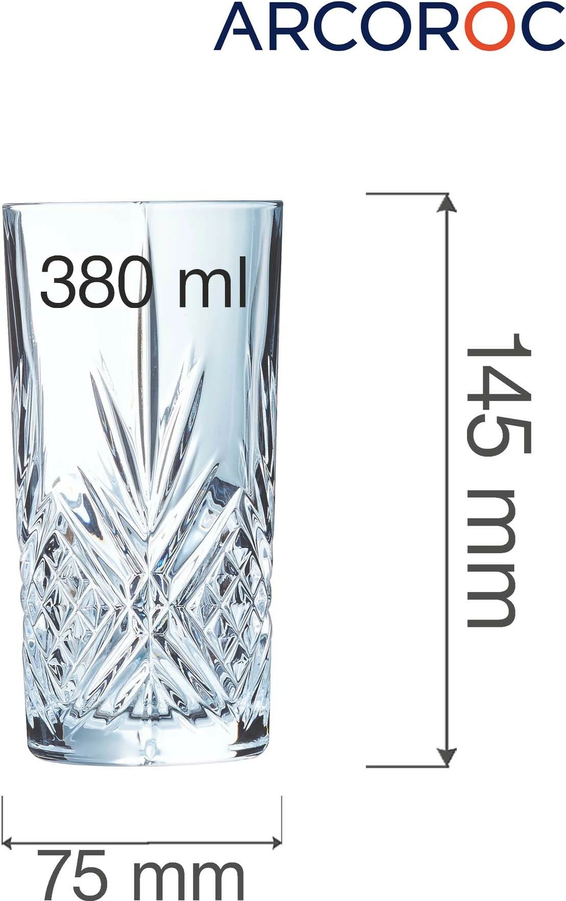 Gotë highball Arcoroc Broadway 380 ml transparente, set 6 copë