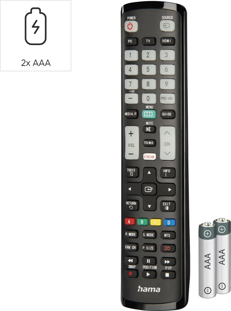Telekomandë TV Hama 221060 me funksion mësimi, IR 1:1, butona që ndriçojnë, kompatibile Samsung, me bateri AAA, e zezë