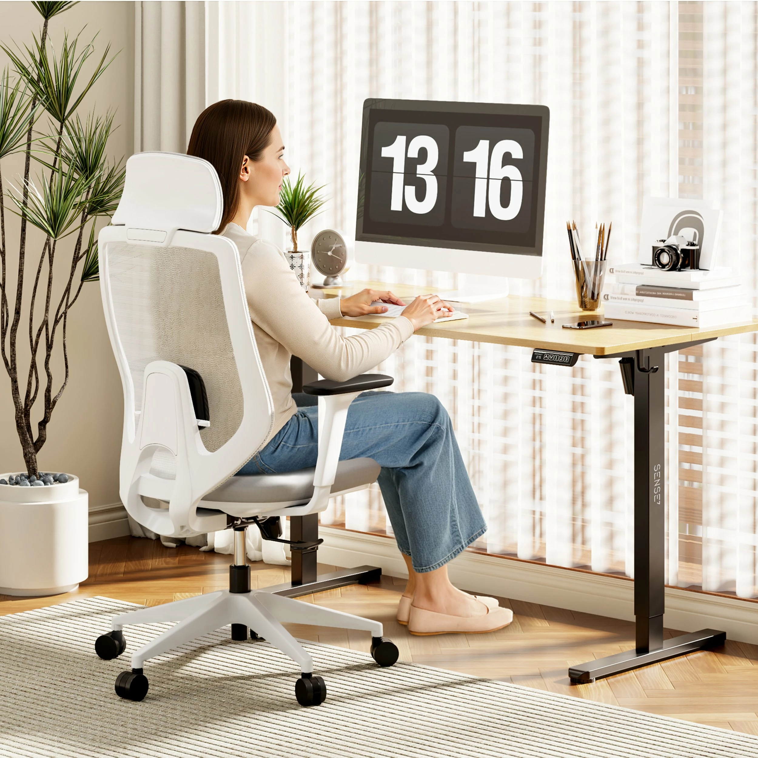 Karrige zyre SENSE7 Nakai, ergonomike me rrota, mbështetëse koke, krahë 3D, 150 kg, bardhë-gri
