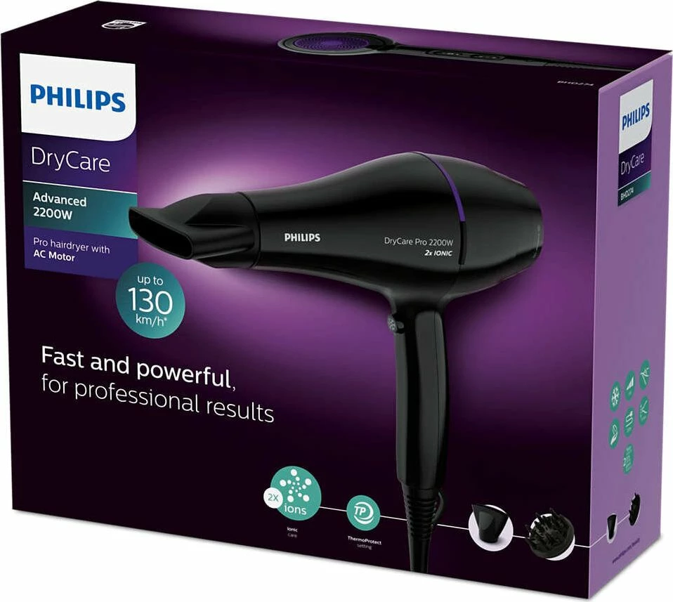 Makinë tharëse flokësh Philips BHD274/00 2200W e zezë, me difuzor dhe grykë koncentratori