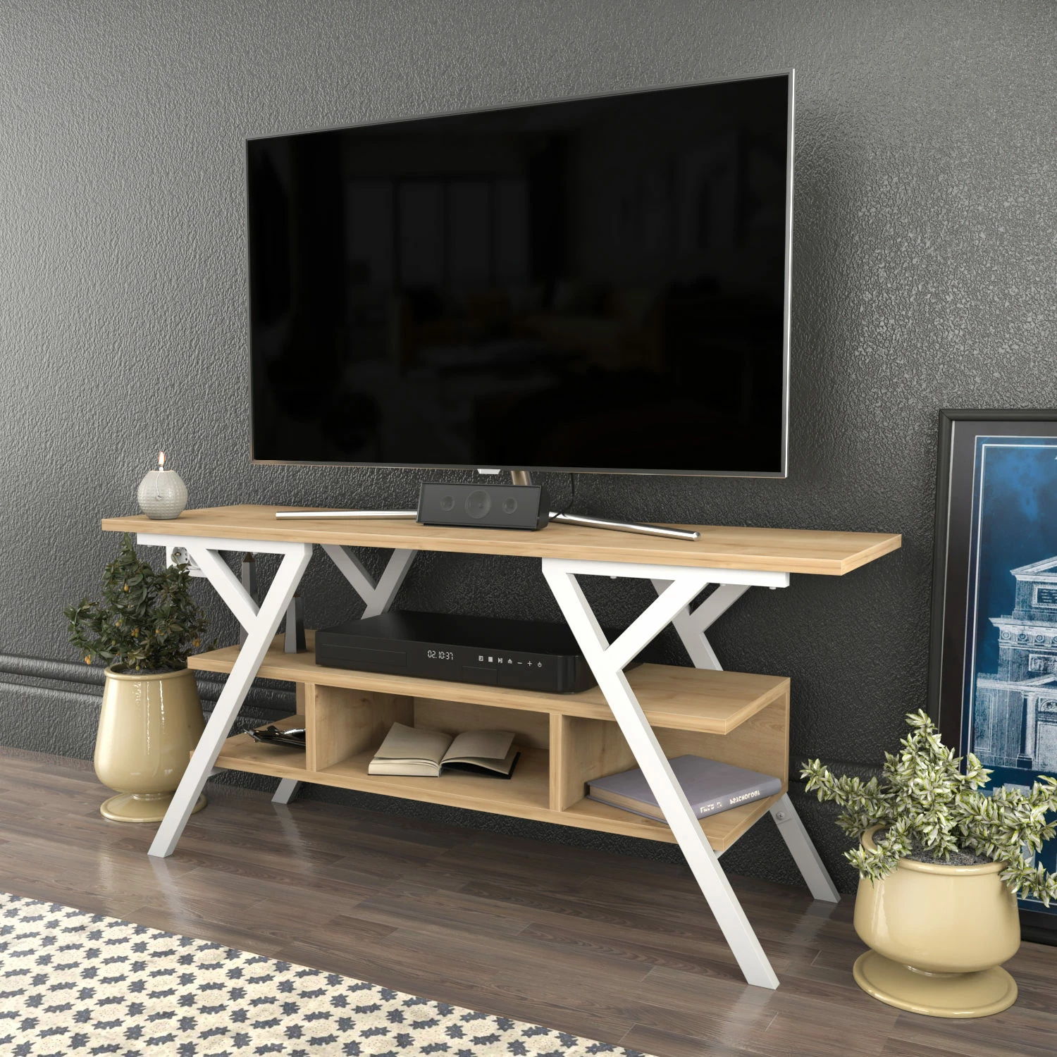 Komodë TV Skye Decor, Minerva, e bardhë dhe lis