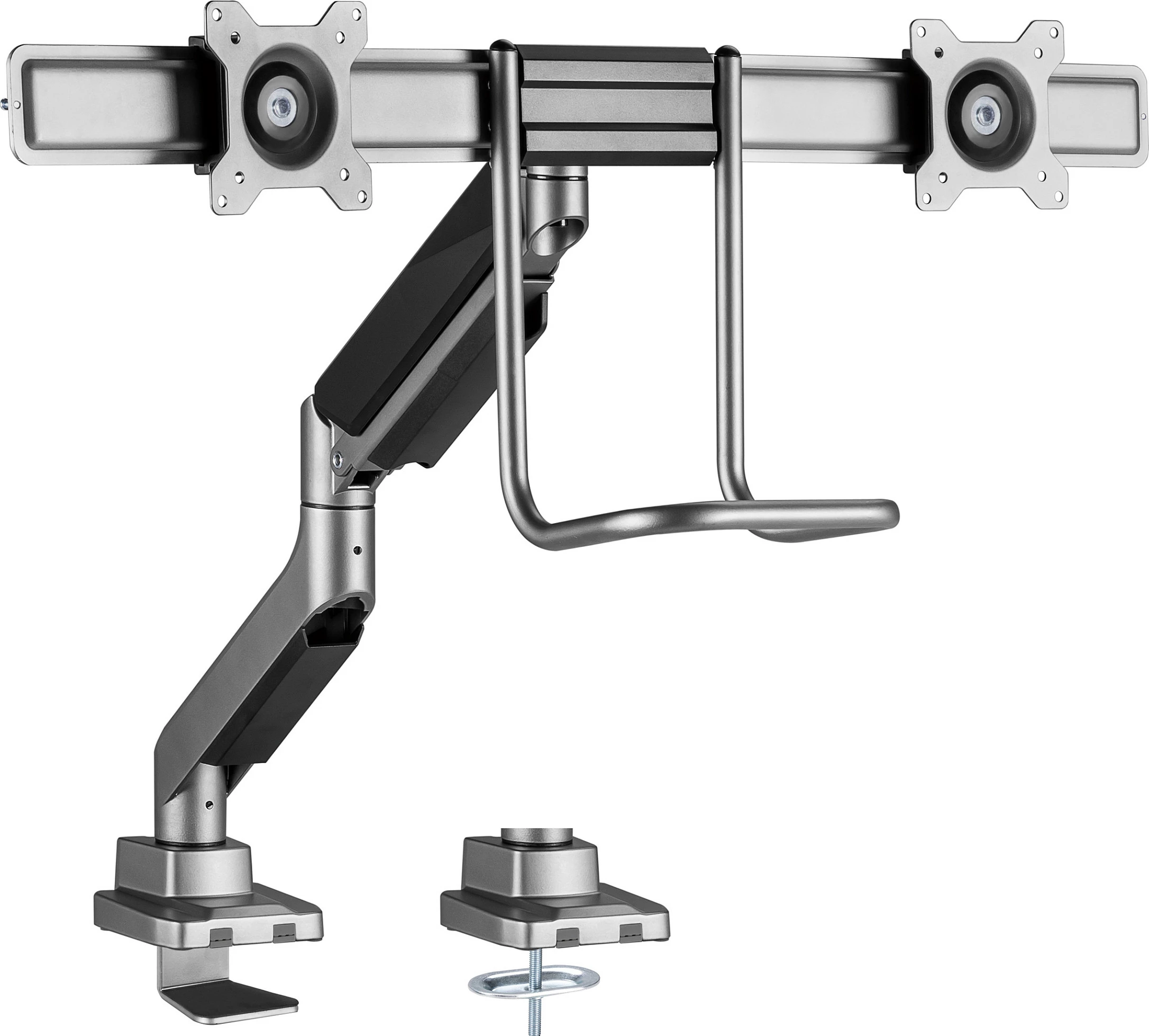 Mbajtëse tavoline për 2 monitorë EQUIP 17"-32", VESA 75x75/100x100, sustë gazi, 9kg për ekran, 360°, silver