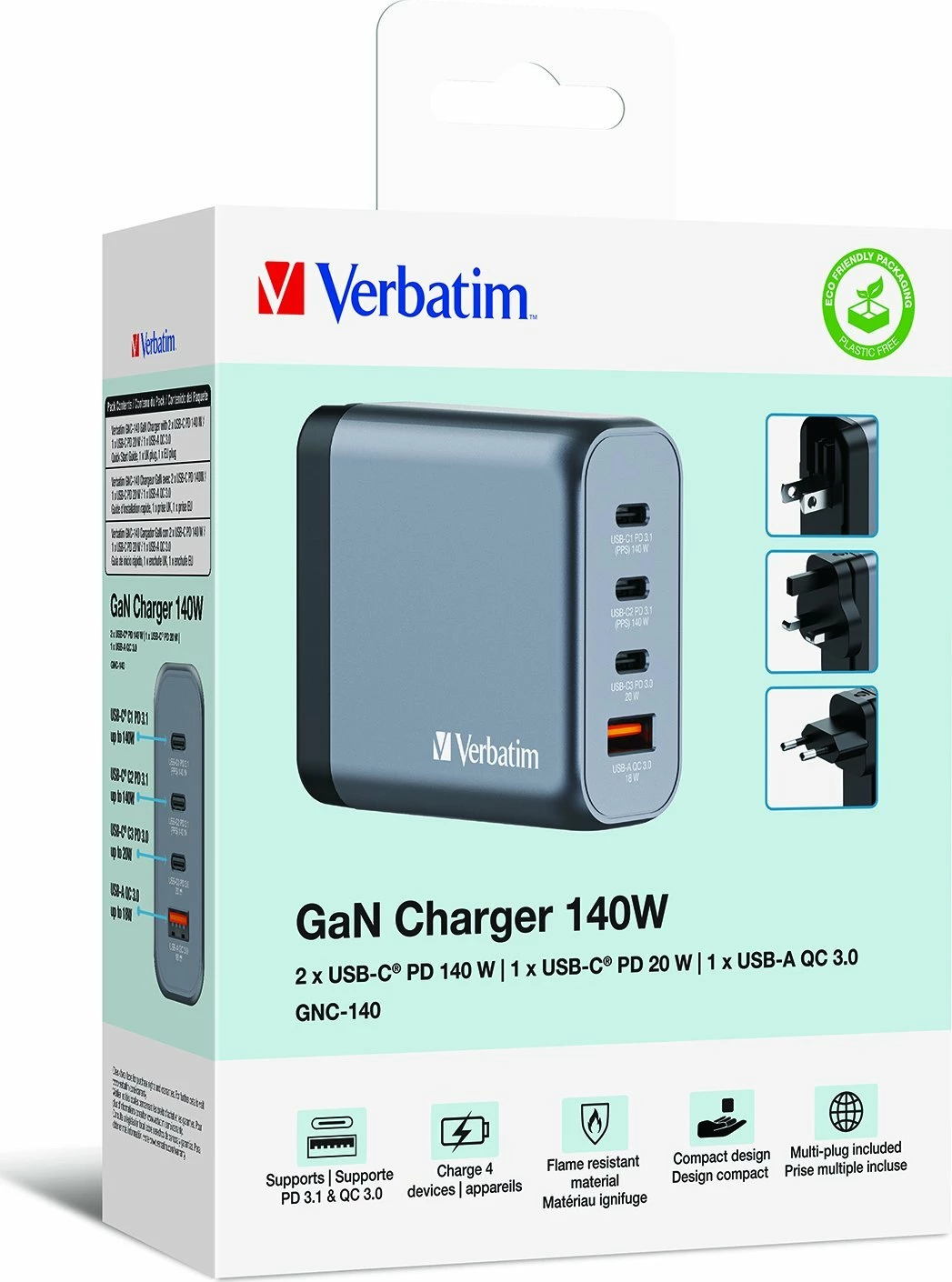 Karikues rrjeti GaN Verbatim GNC-140 140 W, 3x USB-C + 1x USB-A, QC 3.0/PD, 5 A, me kabllo USB-C 1 m, gri