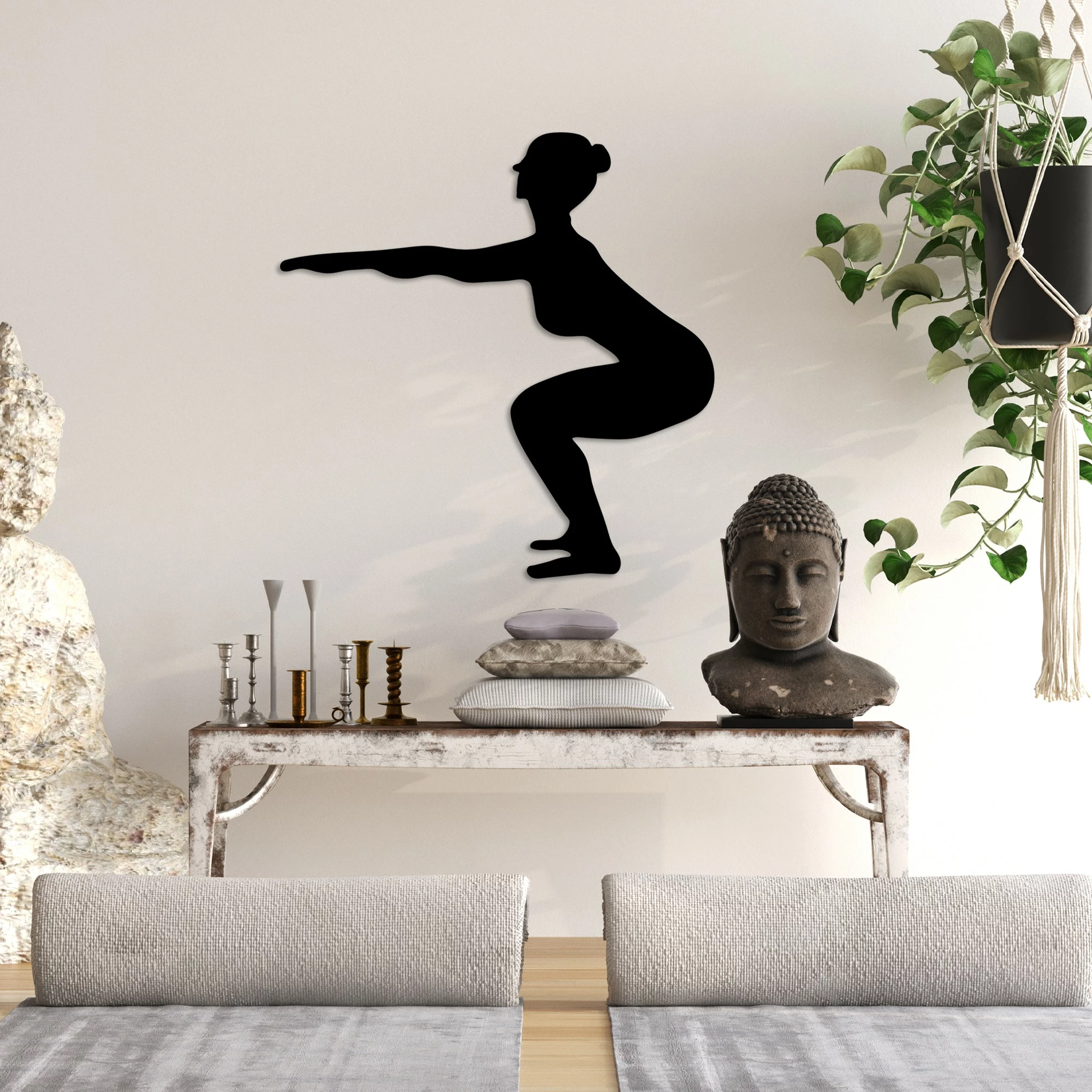 Aksesor dekorativ metalik për mur, Wallity, Yoga 27, ngjyrë e zezë, 54x55cm