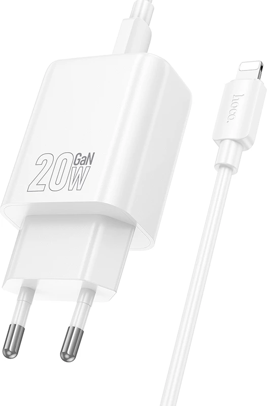 Karikues USB-C HOCO N60 20W GaN PD, me kabllo Type-C në Lightning 1m, bardhë, set 2 copë