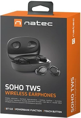 Kufje wireless Natec Soho TWS in-ear, me mikrofon, e zezë, me kuti karikimi