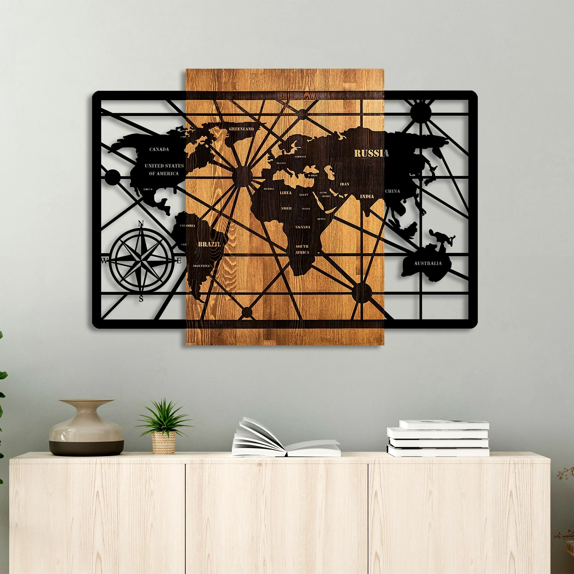 Aksesor dekorativ muri prej druri, hartë bote, Wallity, 6-L, ngjyrë arre dhe e zezë, 70x96cm