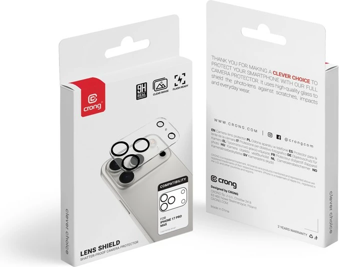 Qelq i temperuar mbrojtës për kamerë, CRONG Lens Shield CRGLSIP1769P, iPhone 17 Pro Max, 9H, ishull i plotë, transparent, set 1 copë