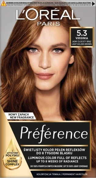 Ngjyrë për flokë për femra L'Oreal Paris Preference 5.3 Virginia, 1 copë