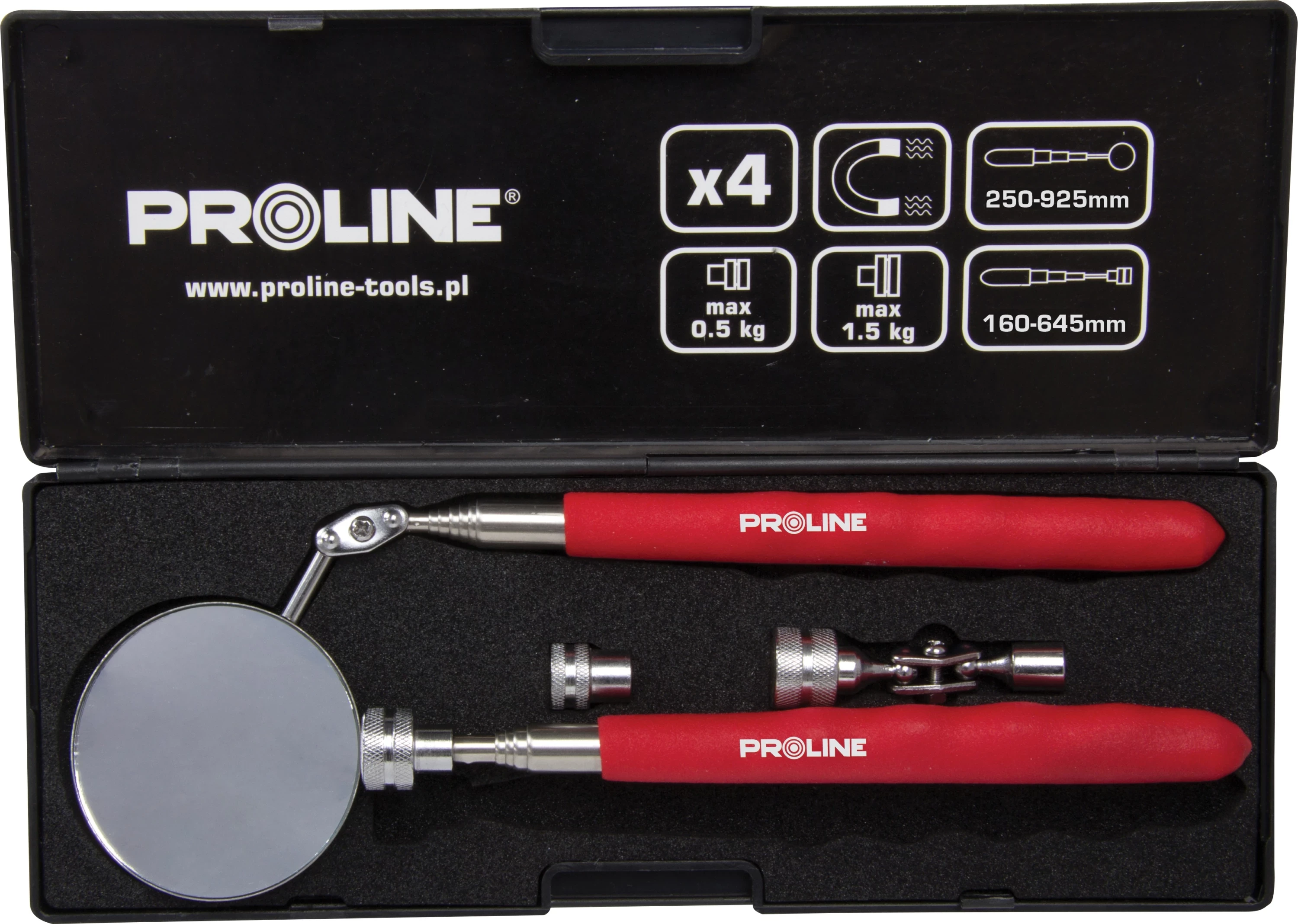 Set pasqyrë inspektimi dhe mjet magnetik teleskopik PROLINE 46979, 4 copë, në kuti