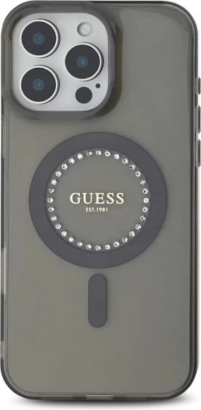 Mbështjellës Guess IML Rhinestones MagSafe për iPhone 16 Pro, Zi