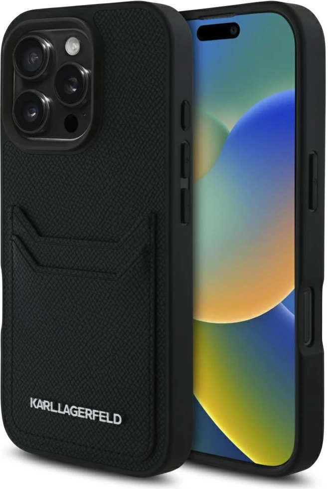 Mbështjellës Karl Lagerfeld HC Grained PU Cardslot Metal Elong për iPhone 16 Pro Max, e zezë