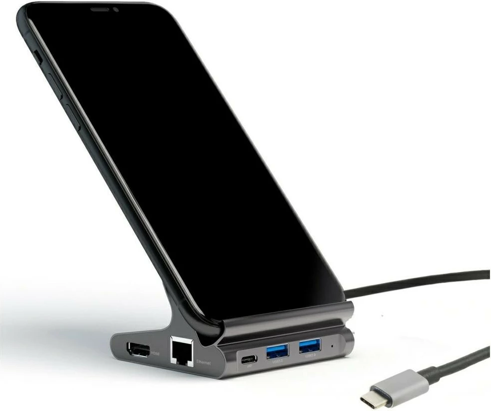 Mbajtës tavoline me hub 7-në-1, 4smarts 4SM000038, 2x USB-C, 2x USB-A, HDMI, SD, microSD, RJ45, DeX, gri