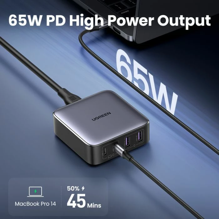 Karikues GaN UGREEN Nexode 65W, 2x USB-C, 2x USB-A, PD 3.0/QC4+, gri e errët