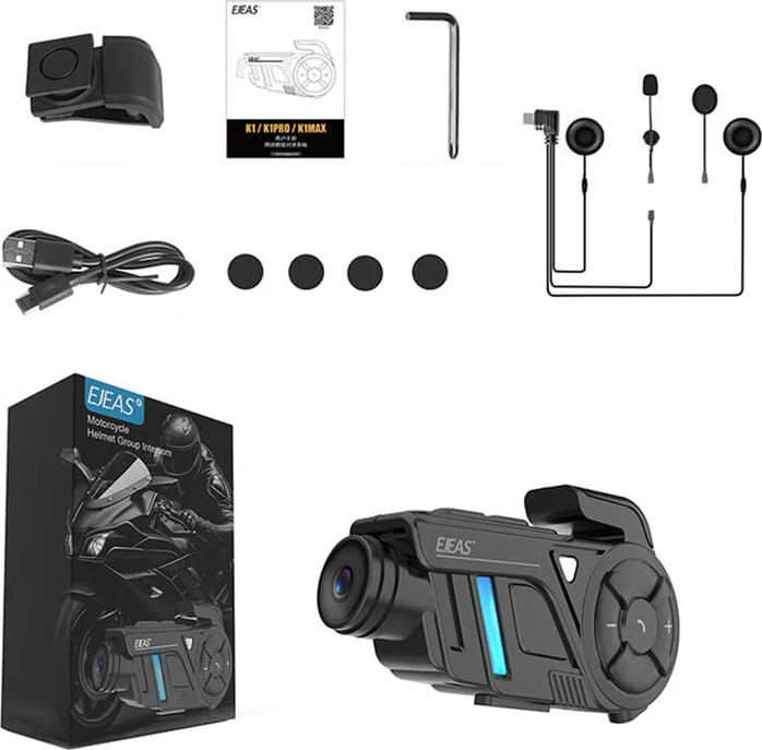 Interkom motoçiklete EJEAS K1Pro me rekorder/kamerë 2K, Bluetooth 5.1, Mesh 3.0, bateri 2100 mAh, i zi, me set montimi