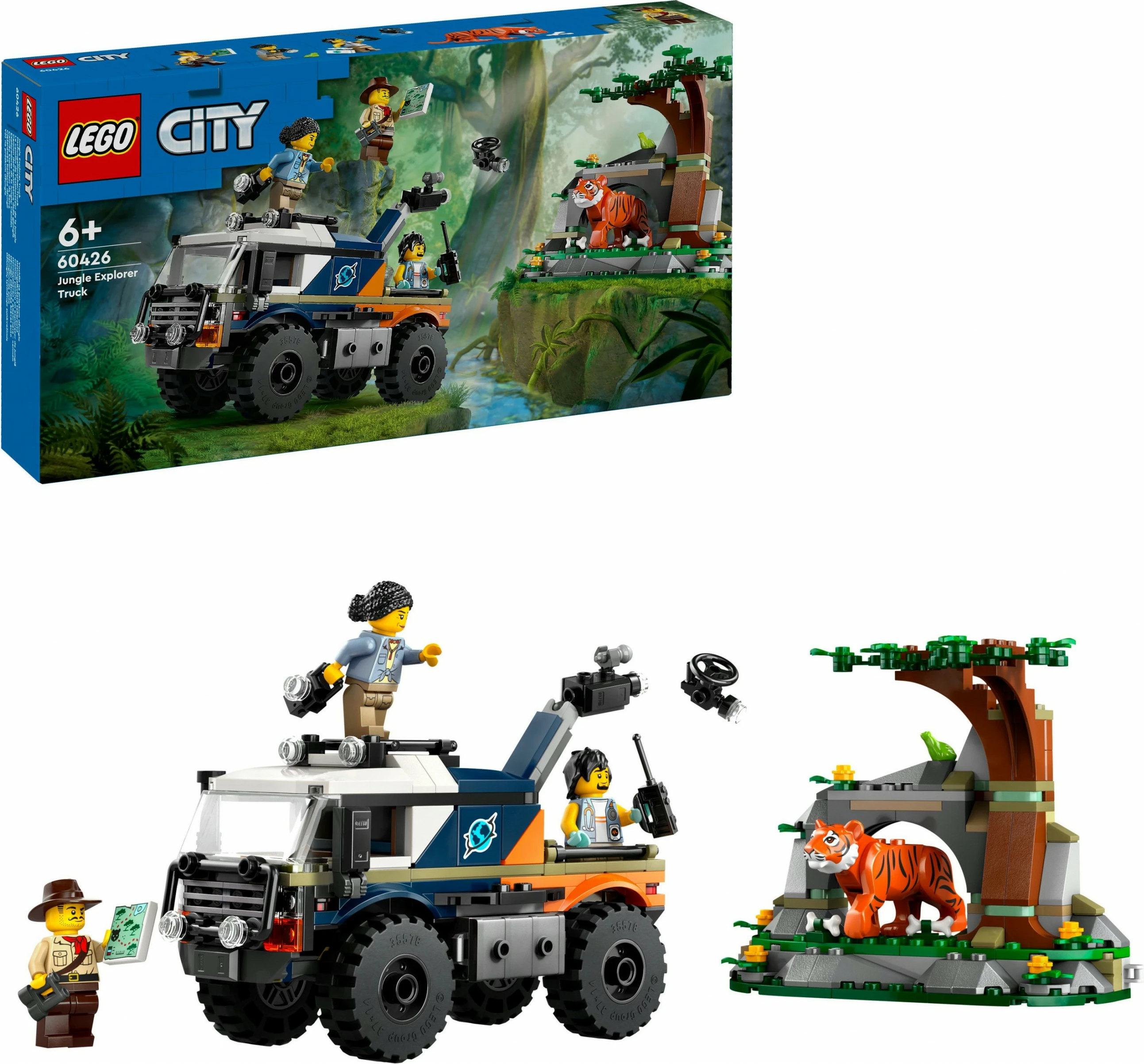 Set LEGO City 60426 Jungle Explorer Truck, lodër ndërtimi, kamion aventurier, me figurina dhe tigër
