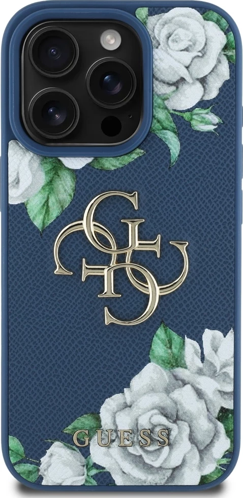 Mbështjellës Guess Grained Roses Big 4G logo për iPhone 16 Pro, Blu