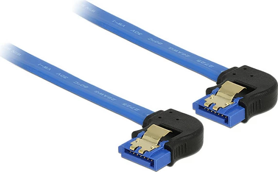 Kabëll SATA III DeLOCK 10cm, 6Gb/s, 7-pin M/M, kënd poshtë, me klipsa të artë, blu/zi