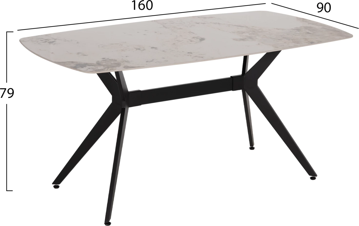 Tavolinë ngrënie AIKA FH18421, sipërfaqe qeramike ngjyrë mermeri i bardhë/ari, këmbë metali të zeza, 160x90x79 cm