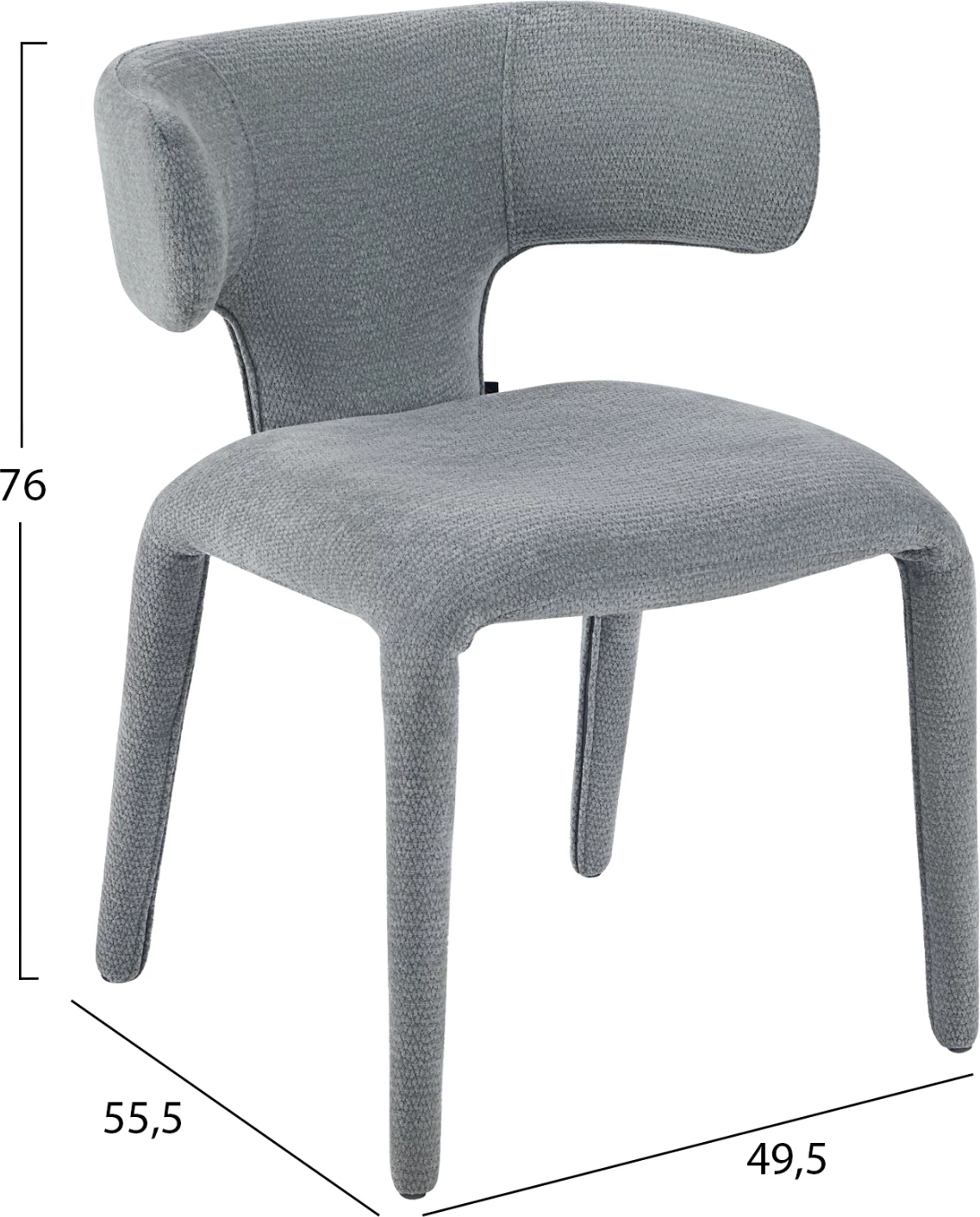 Karrige ngrënieje BIEN, krahëza, material tekstili gri e çelët, 49.5x55.5x76cm, set prej 2 copësh