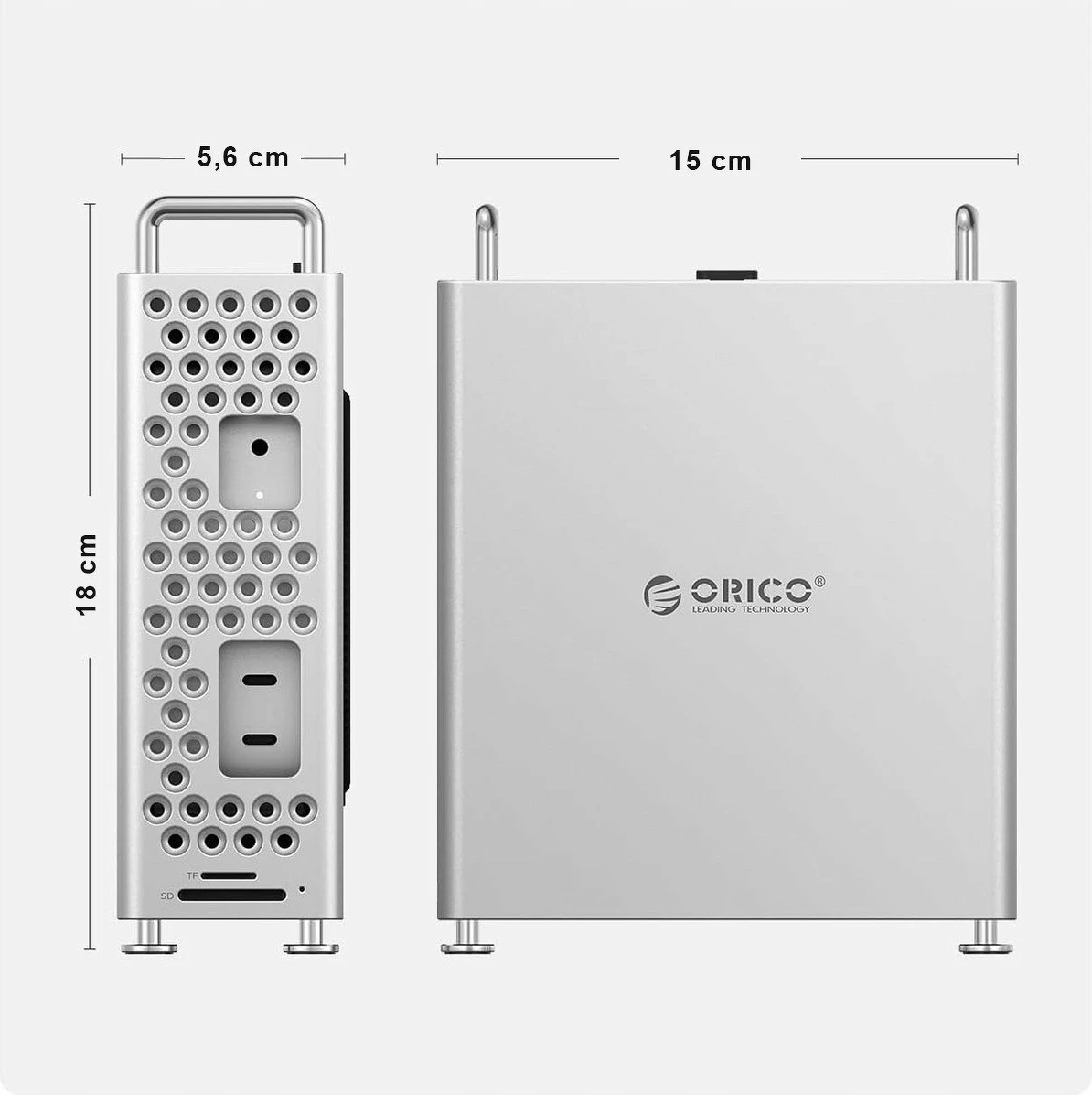 Kasë Orico për Mac Mini M4 me slot M.2 NVMe, 2x USB 3.2, USB-C, lexues kartele, argjend