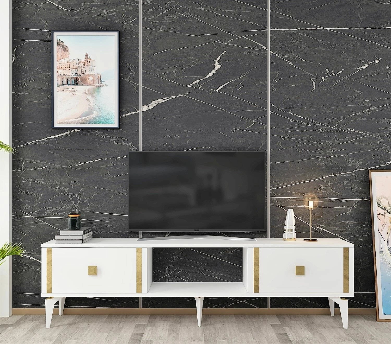 Komodë TV Skye Decor, e bardhë, e artë, Doruk